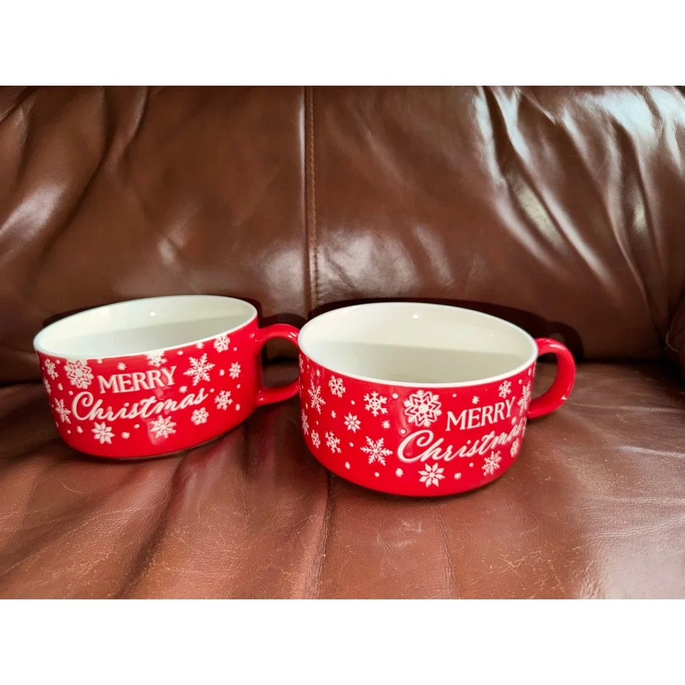 Merry Christmas Red Snowflake Ceramic‎ Soup Mugs Set of 2 18.7oz Bowls